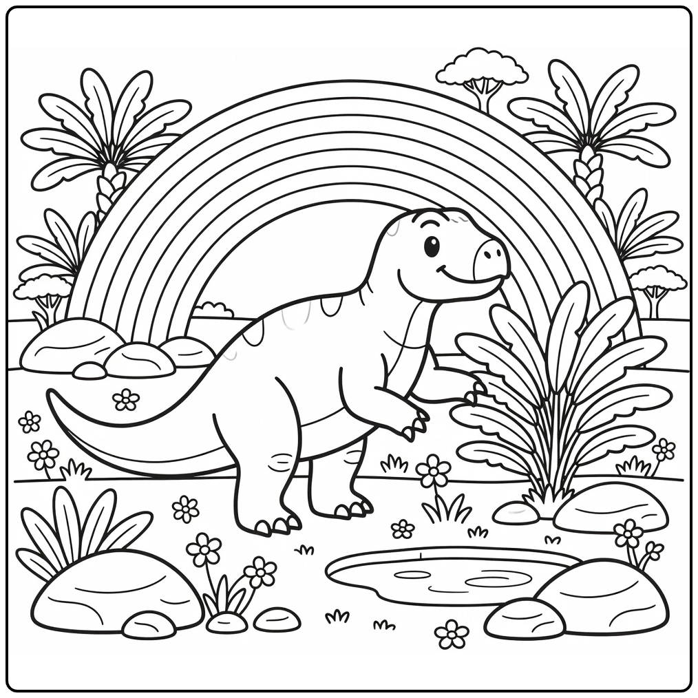 Rainbow dinosaur coloring page with Iguanodon in prehistoric scene