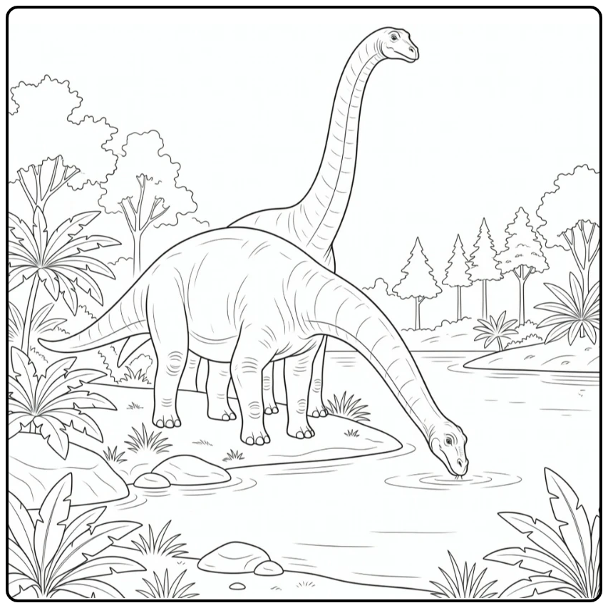 realistic brachiosaurus coloring page two at lake