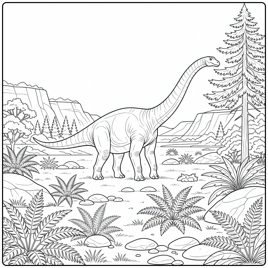 Realistic brachiosaurus coloring page in Jurassic floodplain