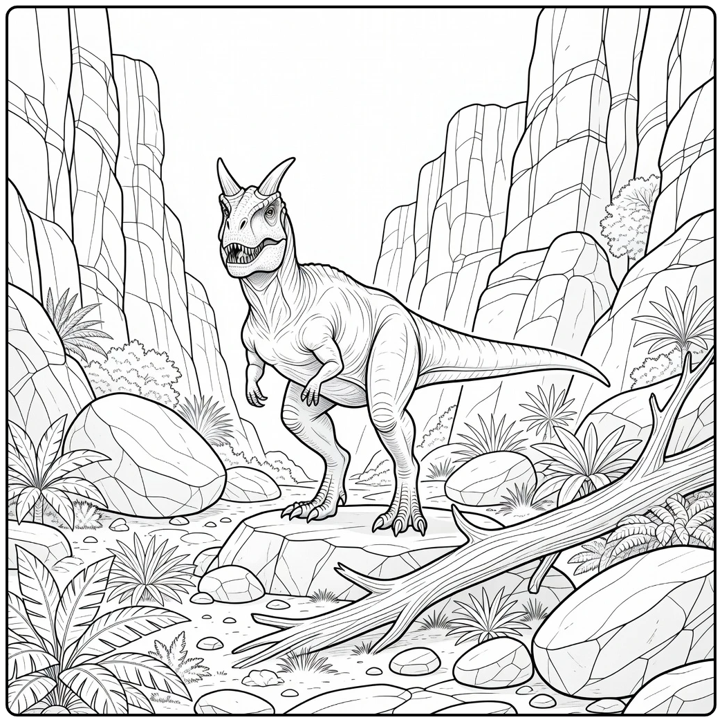realistic carnotaurus coloring page in rocky canyon entrance
