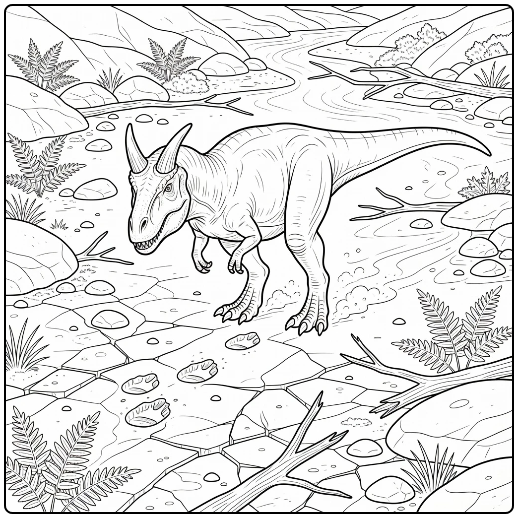 realistic carnotaurus coloring page dino in dry riverbed
