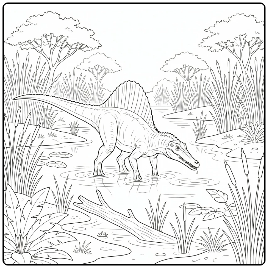 realistic dinosaur coloring page Spinosaurus in wetland scene