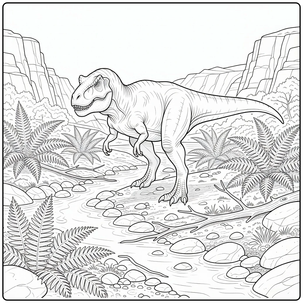 realistic dinosaur coloring page of T-rex on rocky riverbank