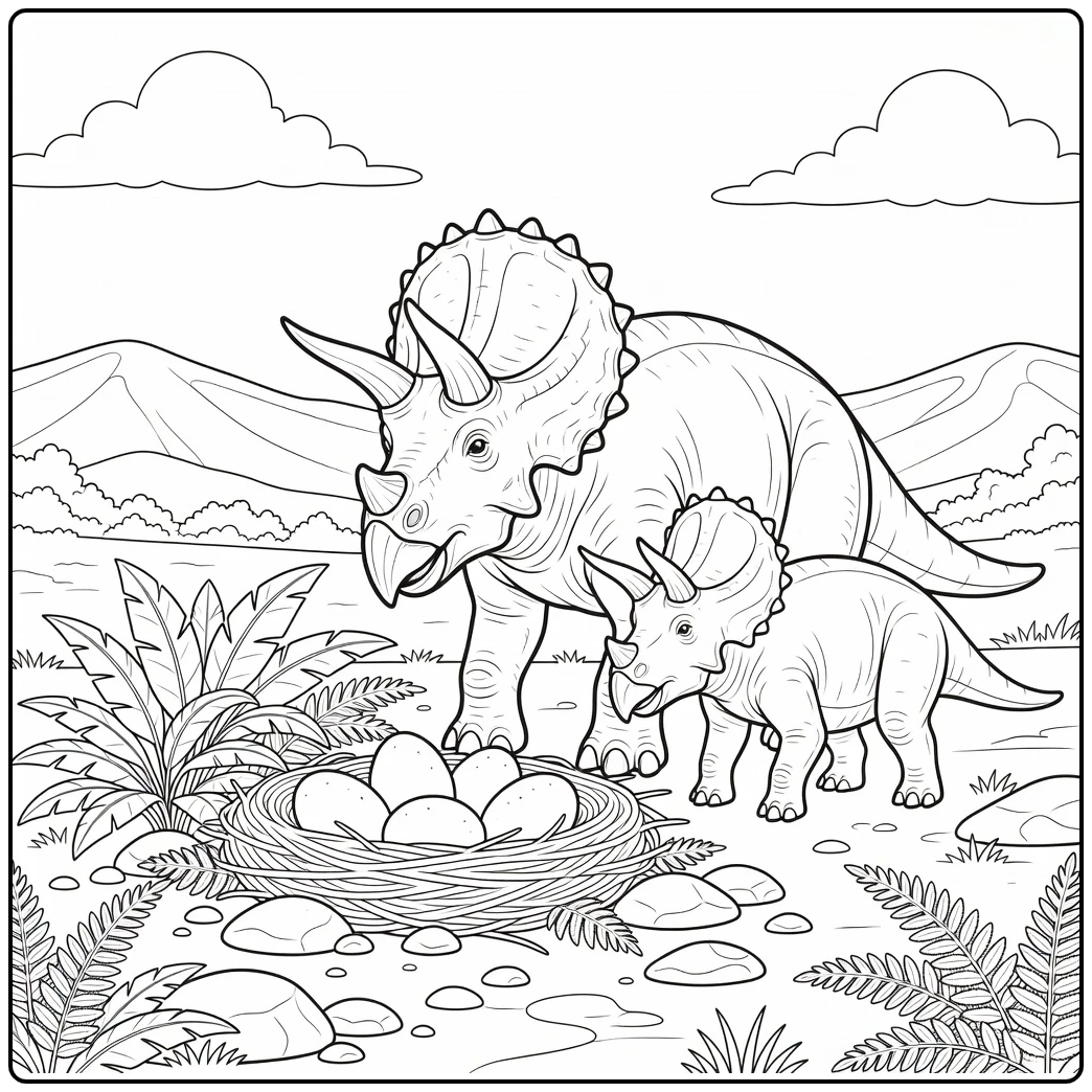 realistic dinosaur coloring page of Triceratops near nest