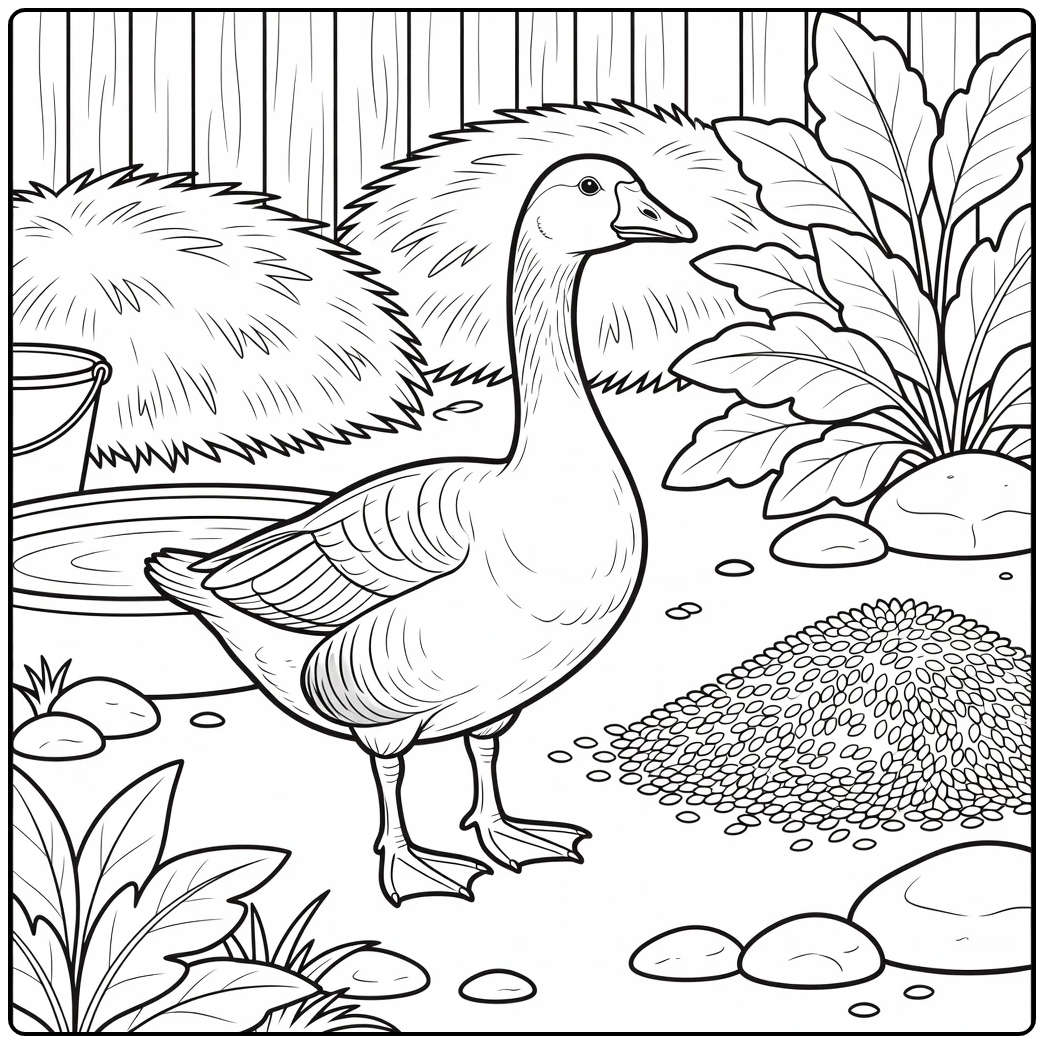 realistic goose coloring page by trough with grain pile