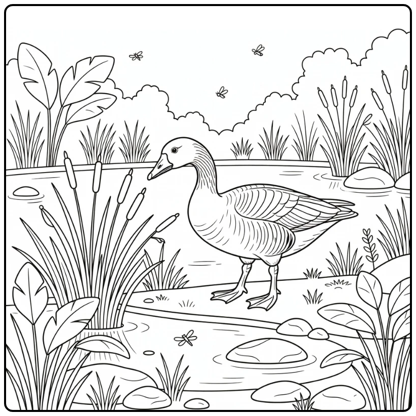 realistic goose coloring page in marsh with reeds and pond