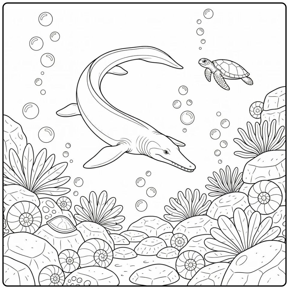 realistic mosasaurus coloring page of mosasaur over reef with turtle