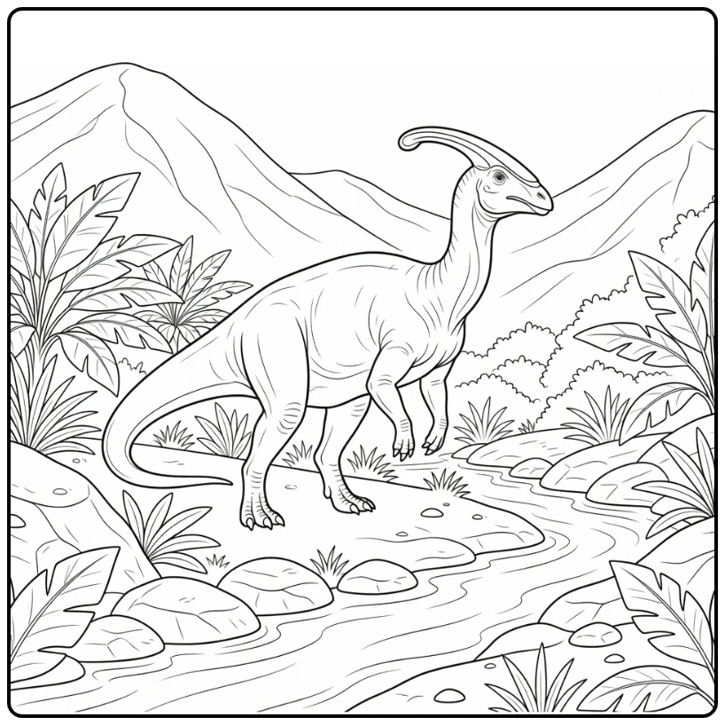 realistic parasaurolophus coloring page on riverbank