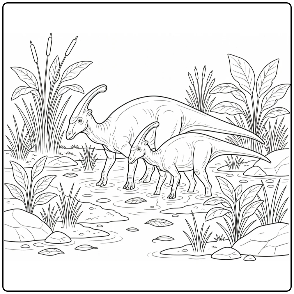 realistic parasaurolophus coloring page with dinosaurs wading