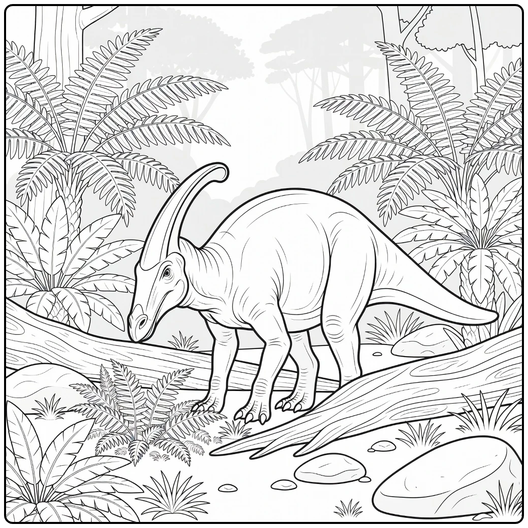 realistic parasaurolophus coloring page of grazing dinosaur