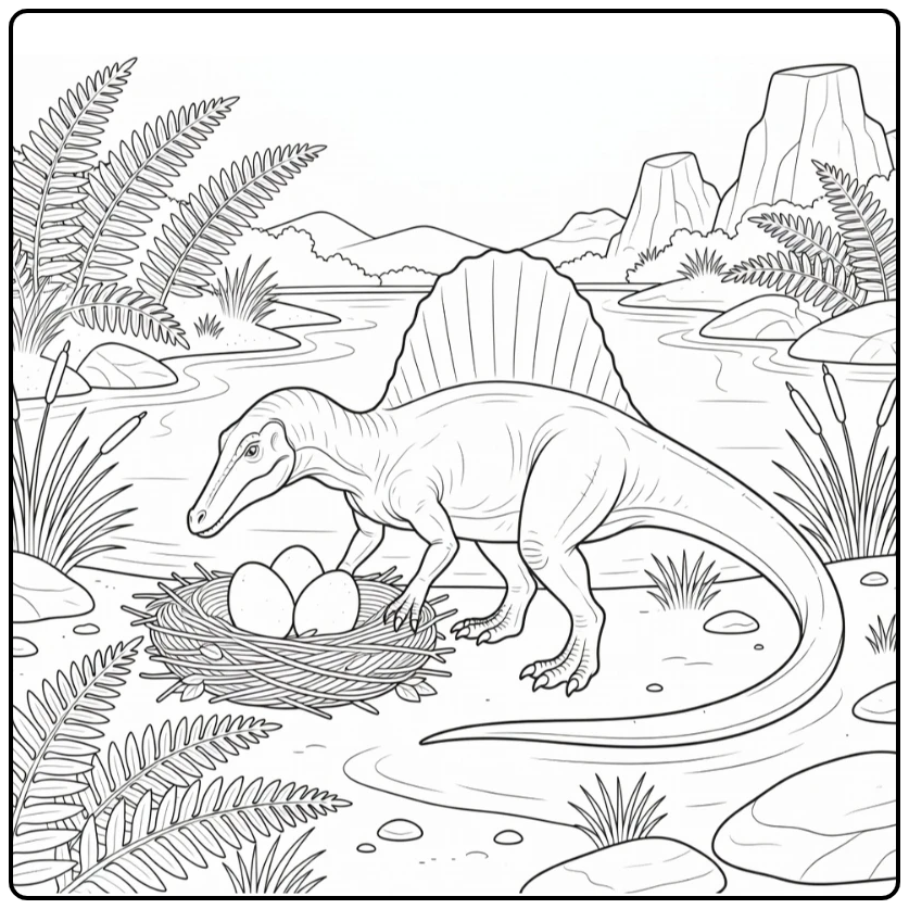 realistic spinosaurus coloring page dinosaur with eggs in nest