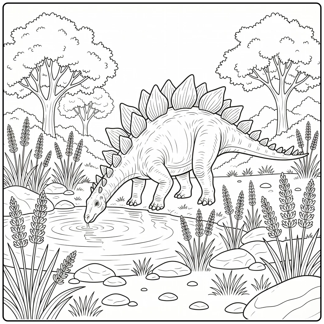 Realistic Stegosaurus Coloring Page drinking at pond