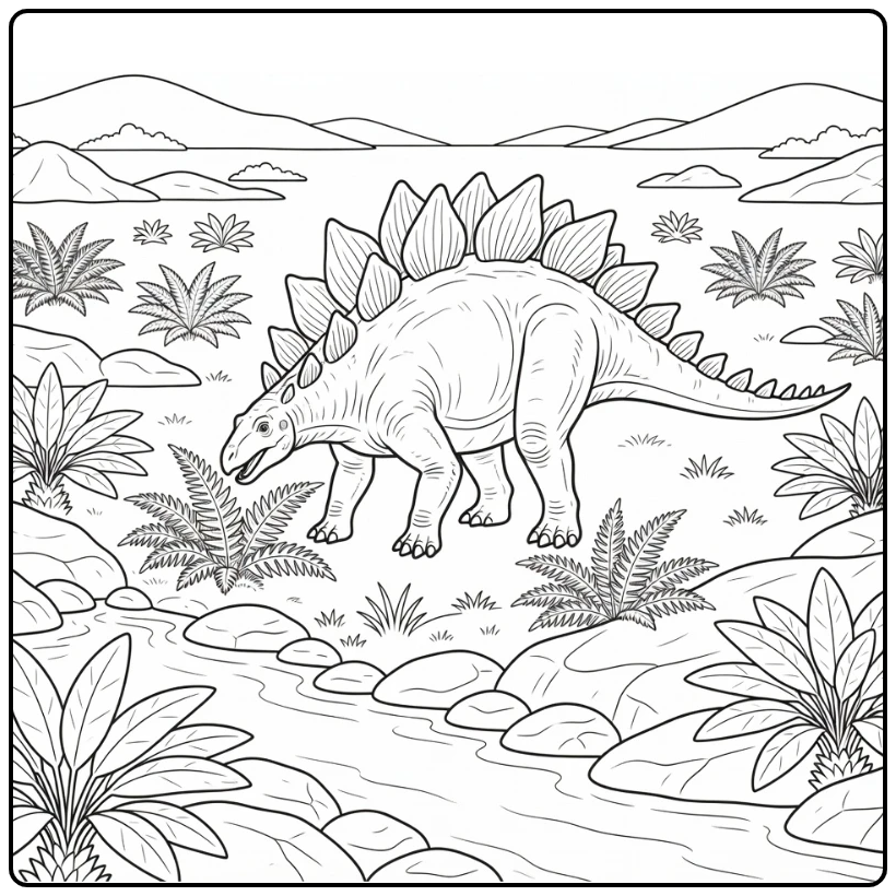 realistic stegosaurus coloring page with prehistoric ferns