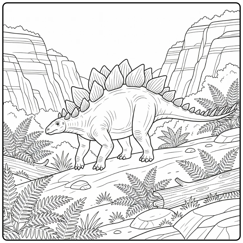 realistic stegosaurus coloring page with ferns and cliffs