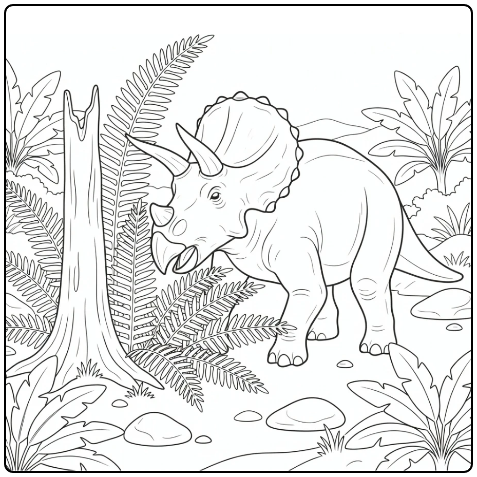 realistic triceratops coloring page with ferns and hills
