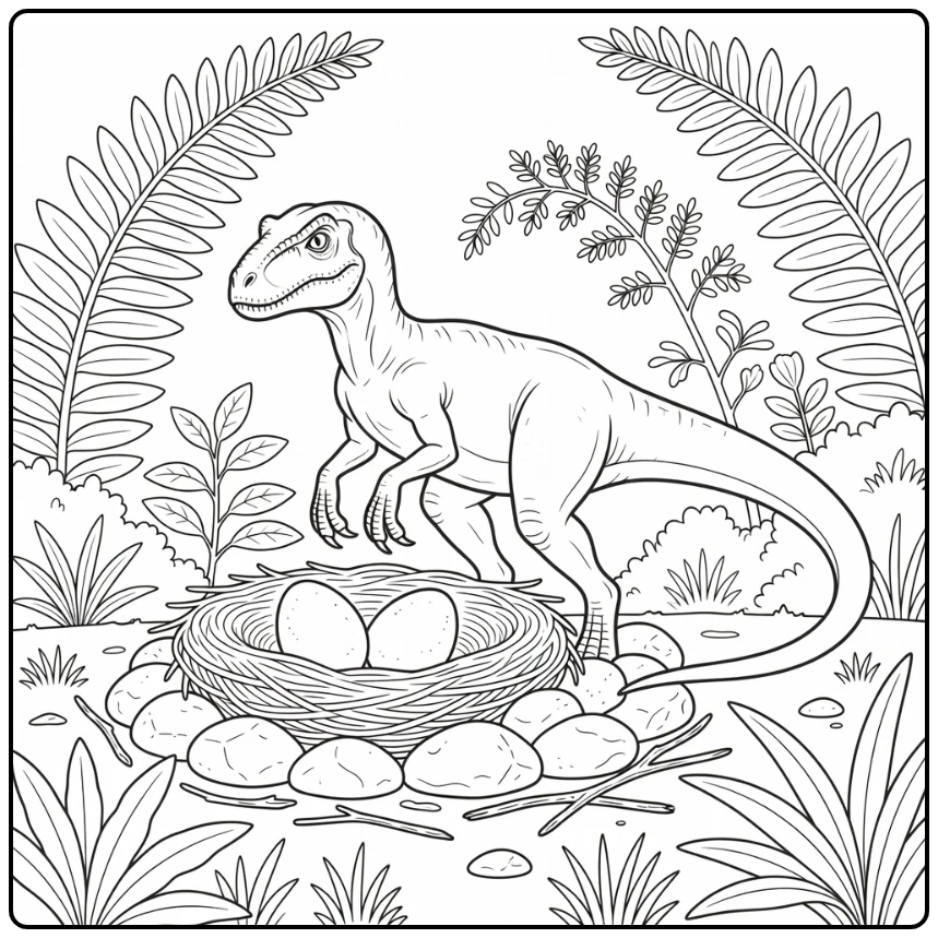realistic velociraptor coloring page with nest and eggs