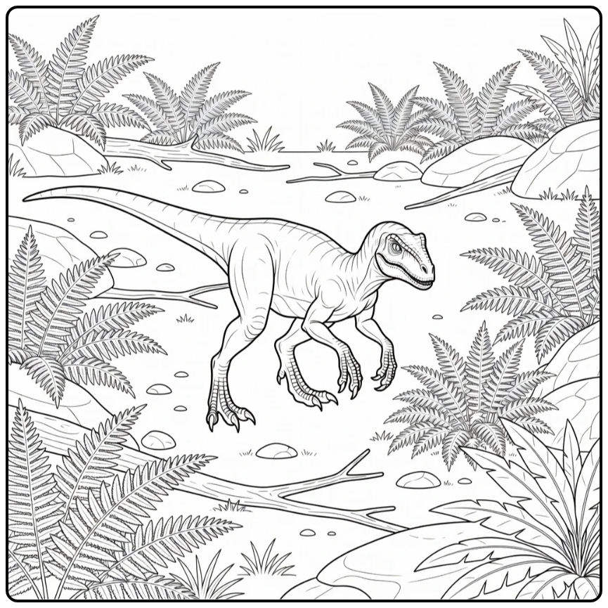 Stunning realistic velociraptor coloring page in fern clearing