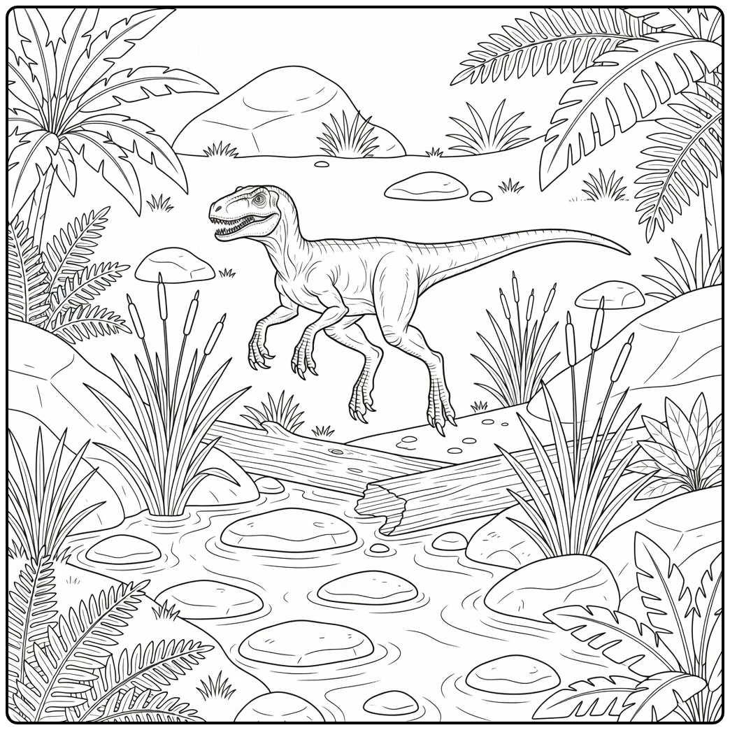realistic velociraptor coloring page leaping over stream