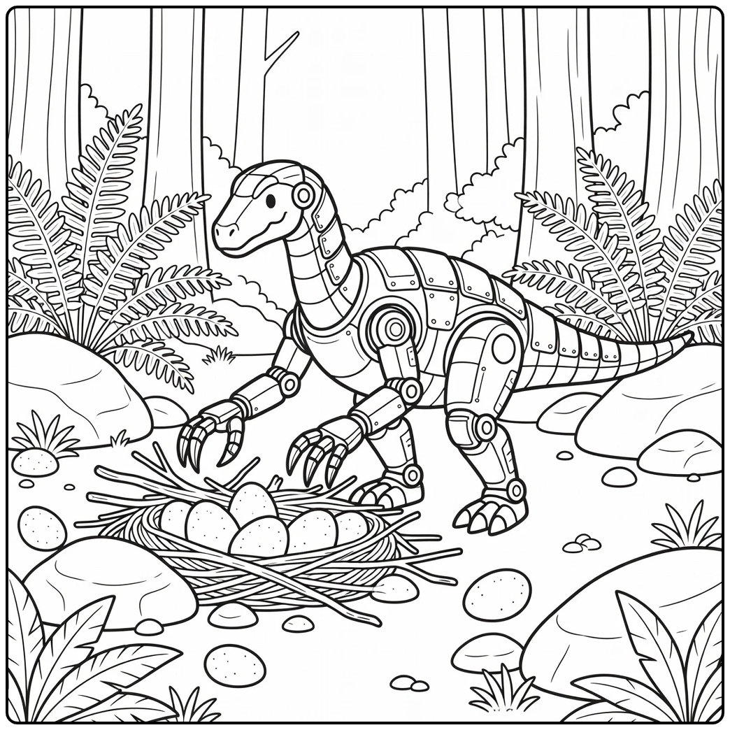 Robot dinosaur coloring page with Therizinosaurus eggs
