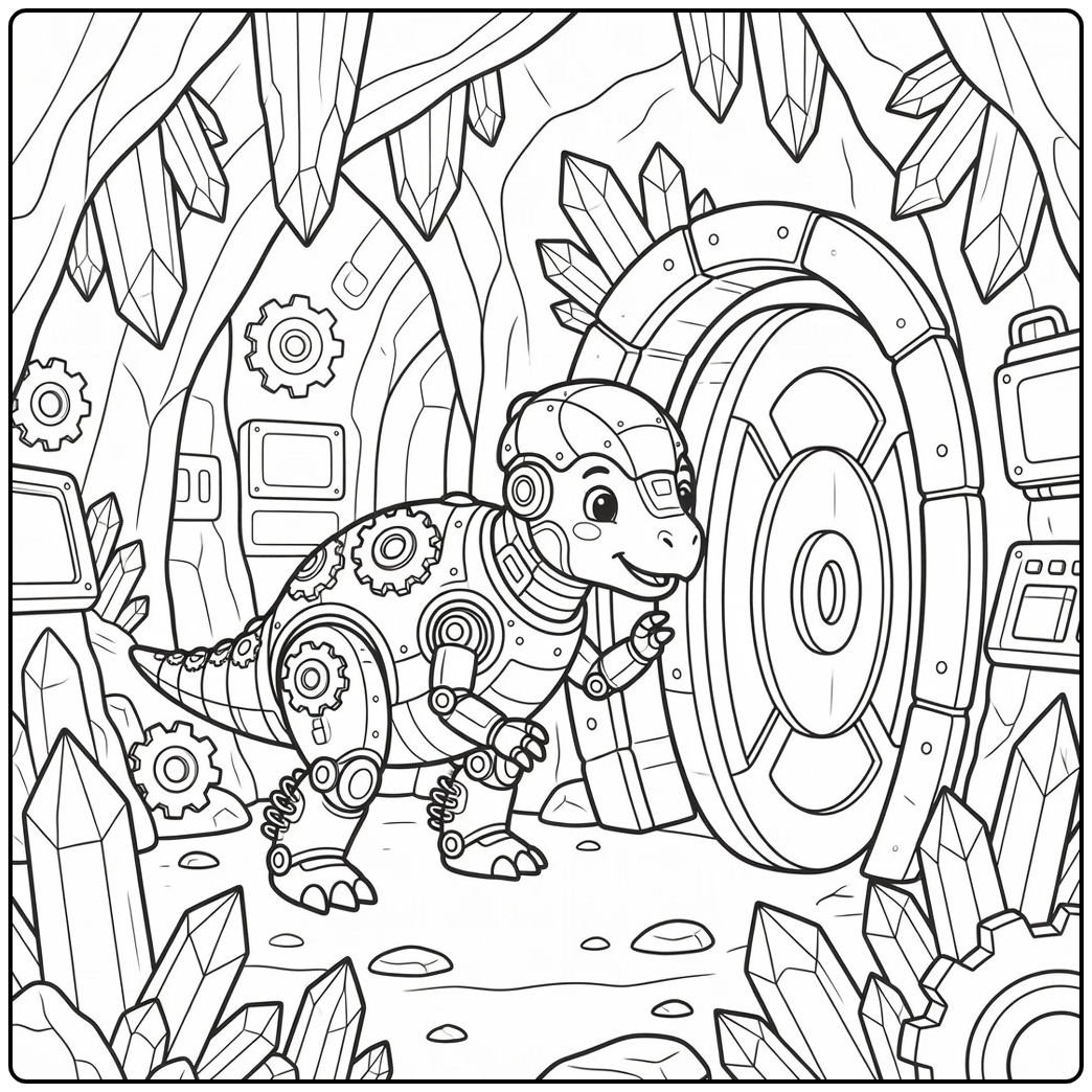 Robot dinosaur coloring page with Pachycephalosaurus at gate