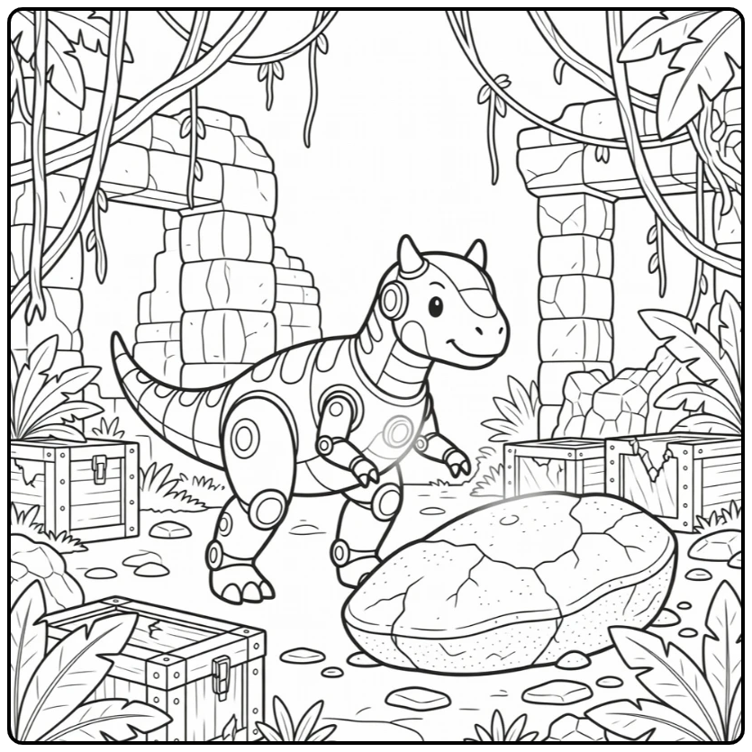 Robot dinosaur coloring page Carnotaurus scanning fossil in jungle ruins
