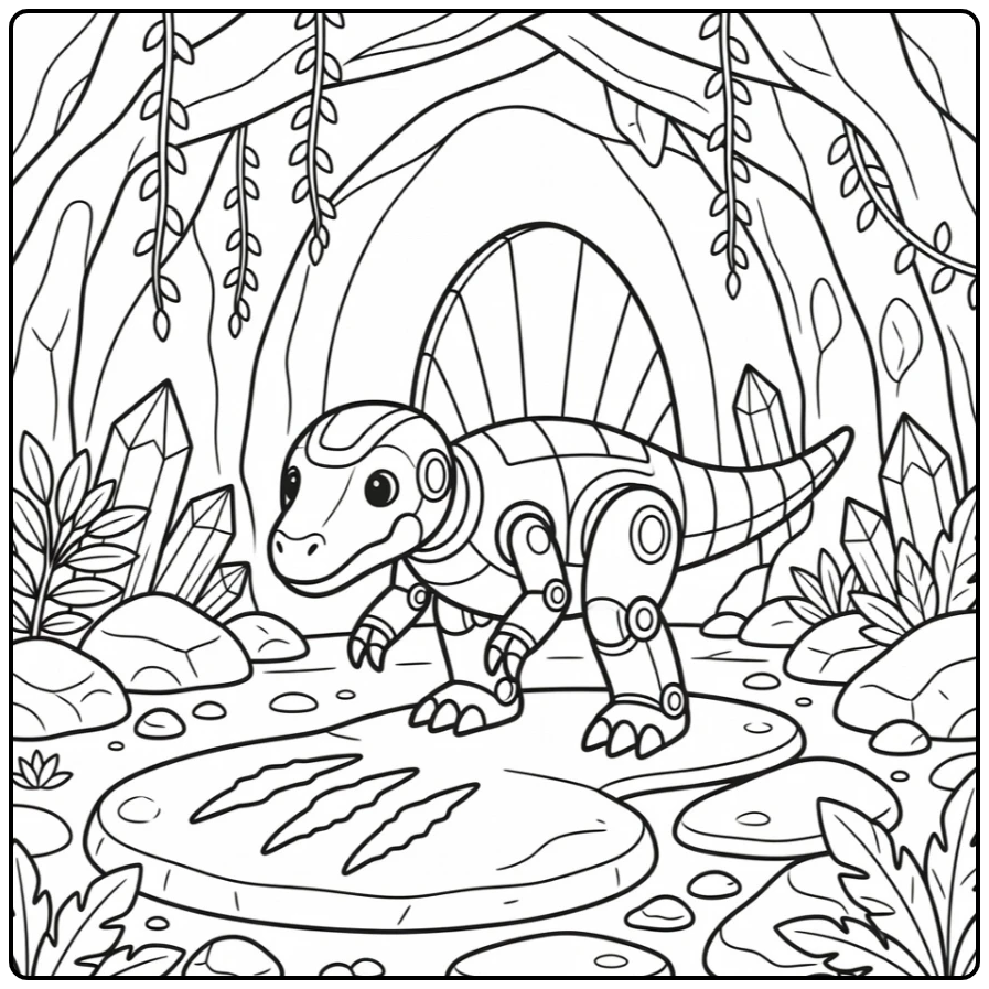 Robot spinosaurus coloring page with mechanical dino at cave