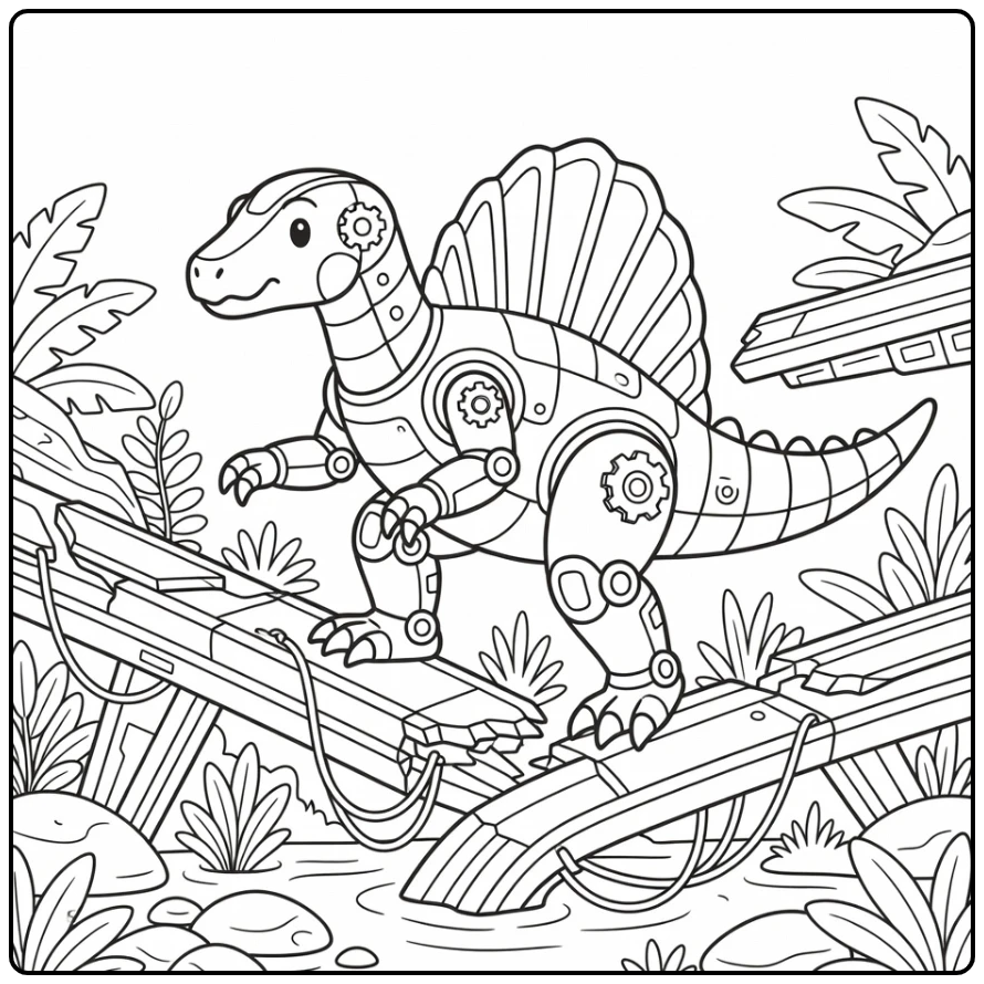 robot spinosaurus coloring page dino on broken bridge