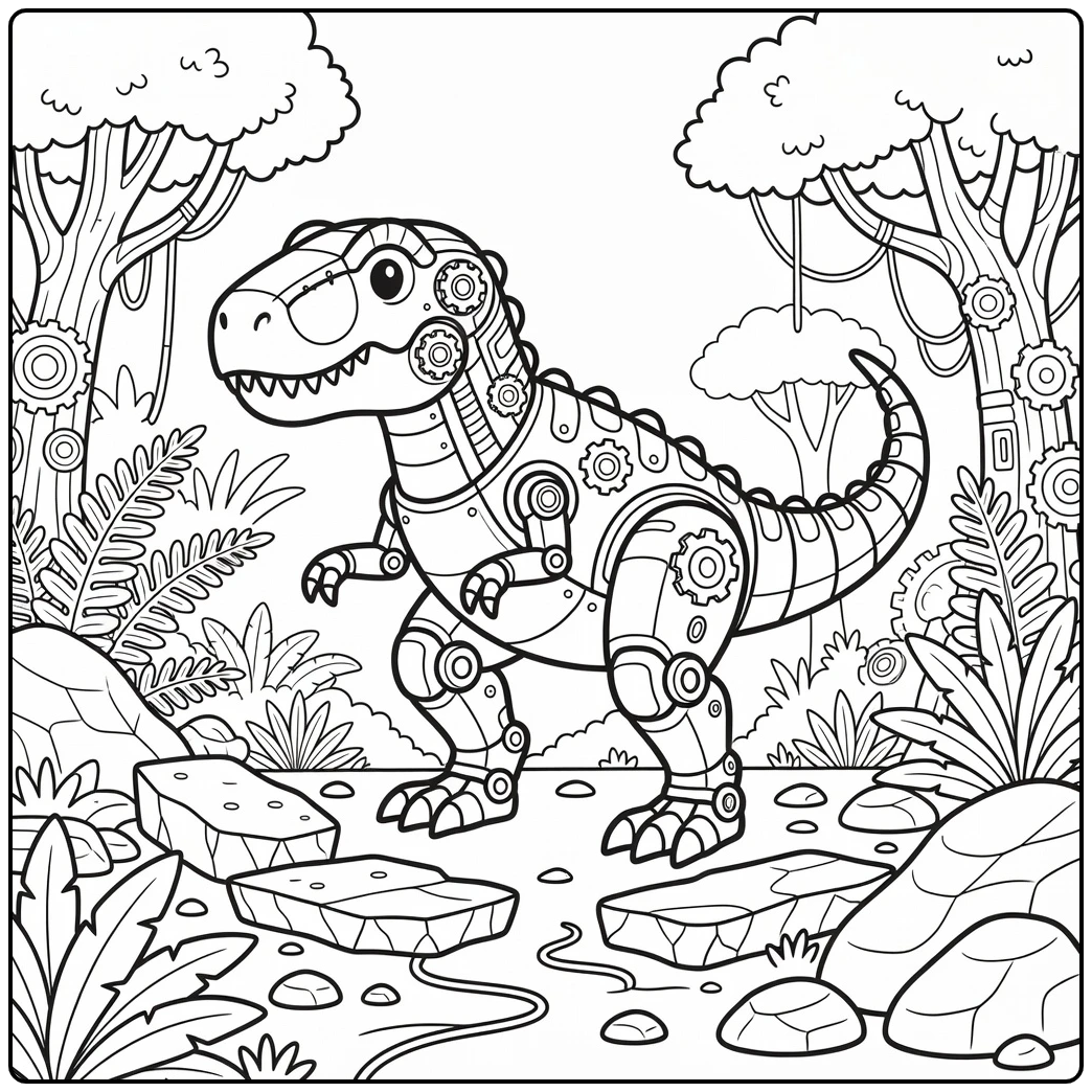 Robot t rex coloring page showing mechanical T-Rex details