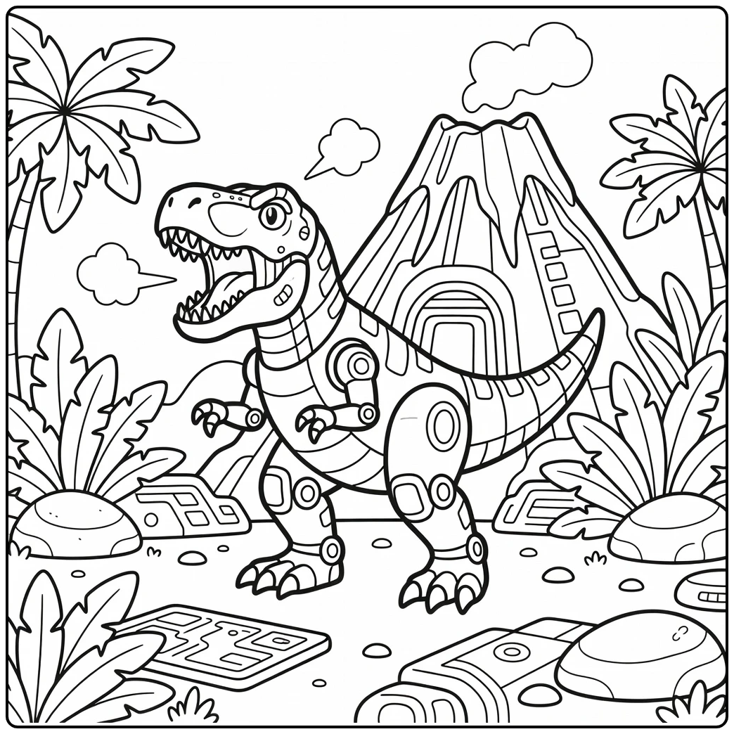 Robot t rex coloring page with volcano generator