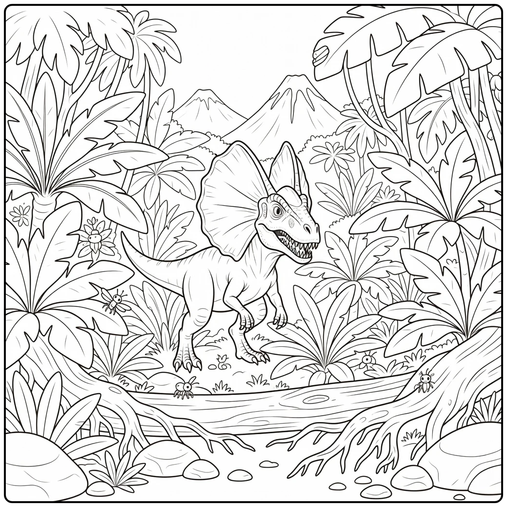 Scary dinosaur coloring page of Dilophosaurus stalking