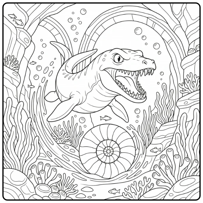 Scary dinosaur coloring page Mosasaurus underwater