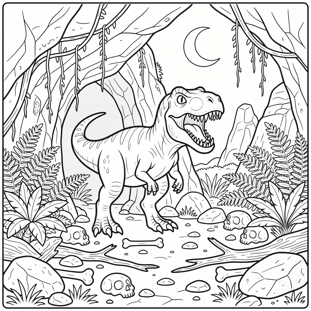 Scary dinosaur coloring page of Allosaurus roaring by cave