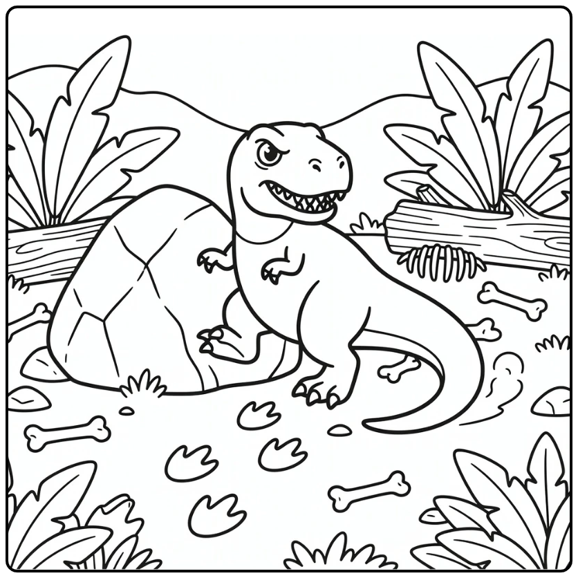 scary t rex coloring page of T-rex by boulder with ferns
