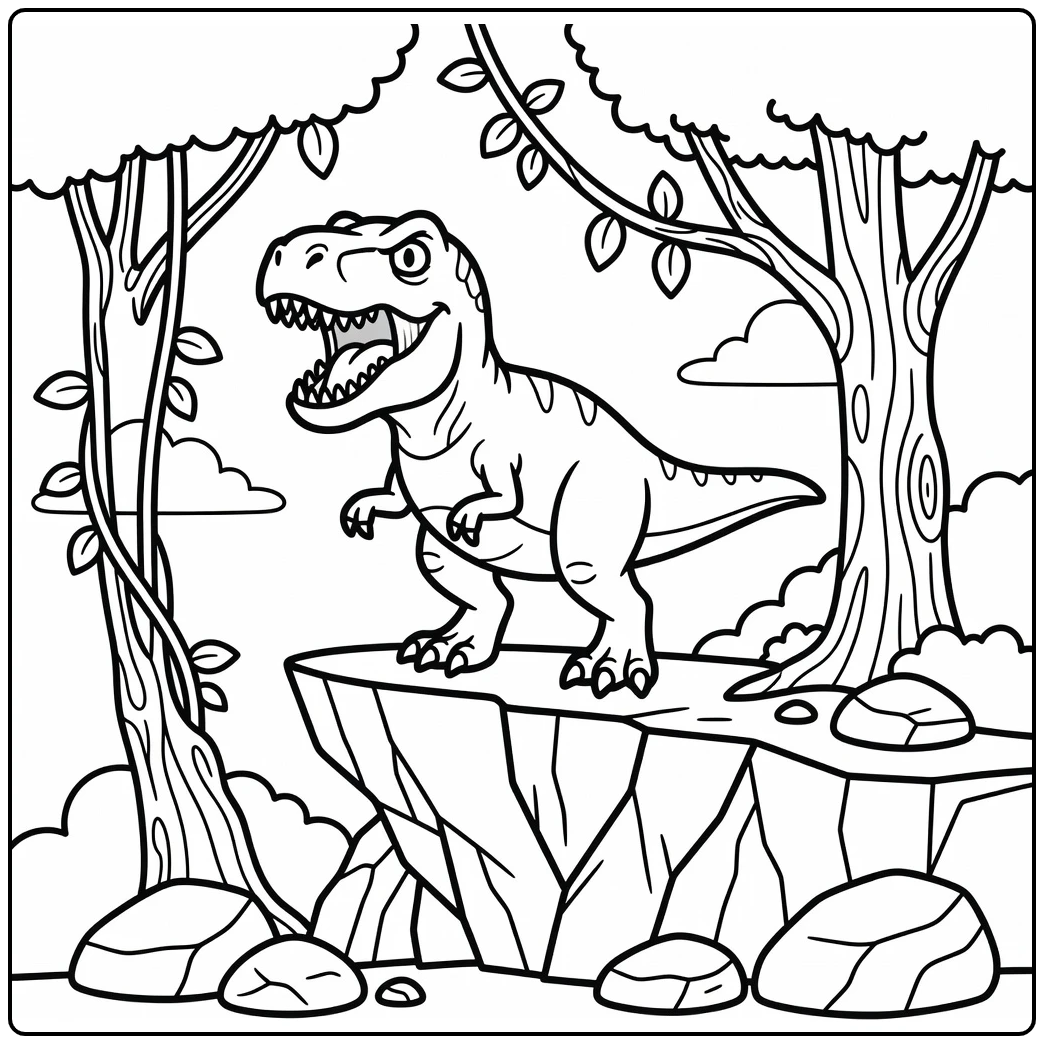 scary t rex coloring page of roaring T-rex on cliff