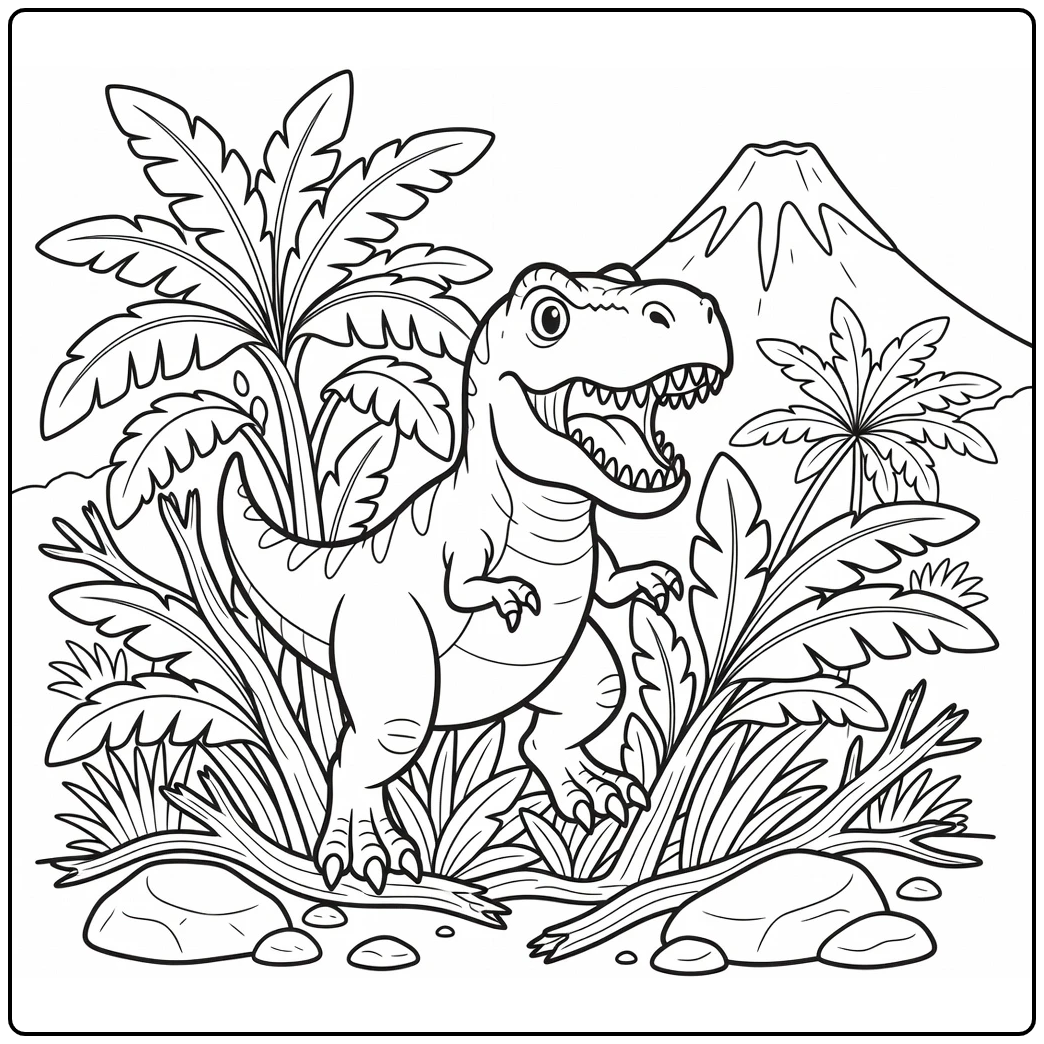scary t rex coloring page dinosaur in jungle scene