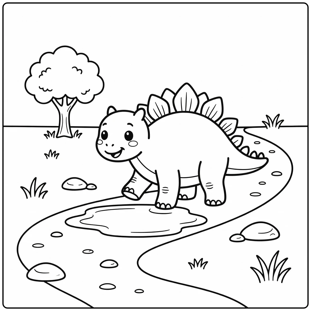 simple stegosaurus coloring page by a shallow puddle