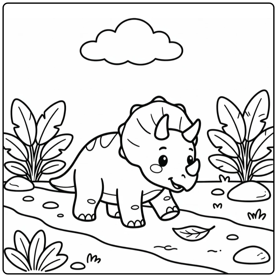 Simple triceratops coloring page with cute dinosaur and leaf