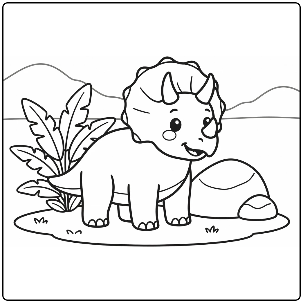 simple triceratops coloring page with fern and rock