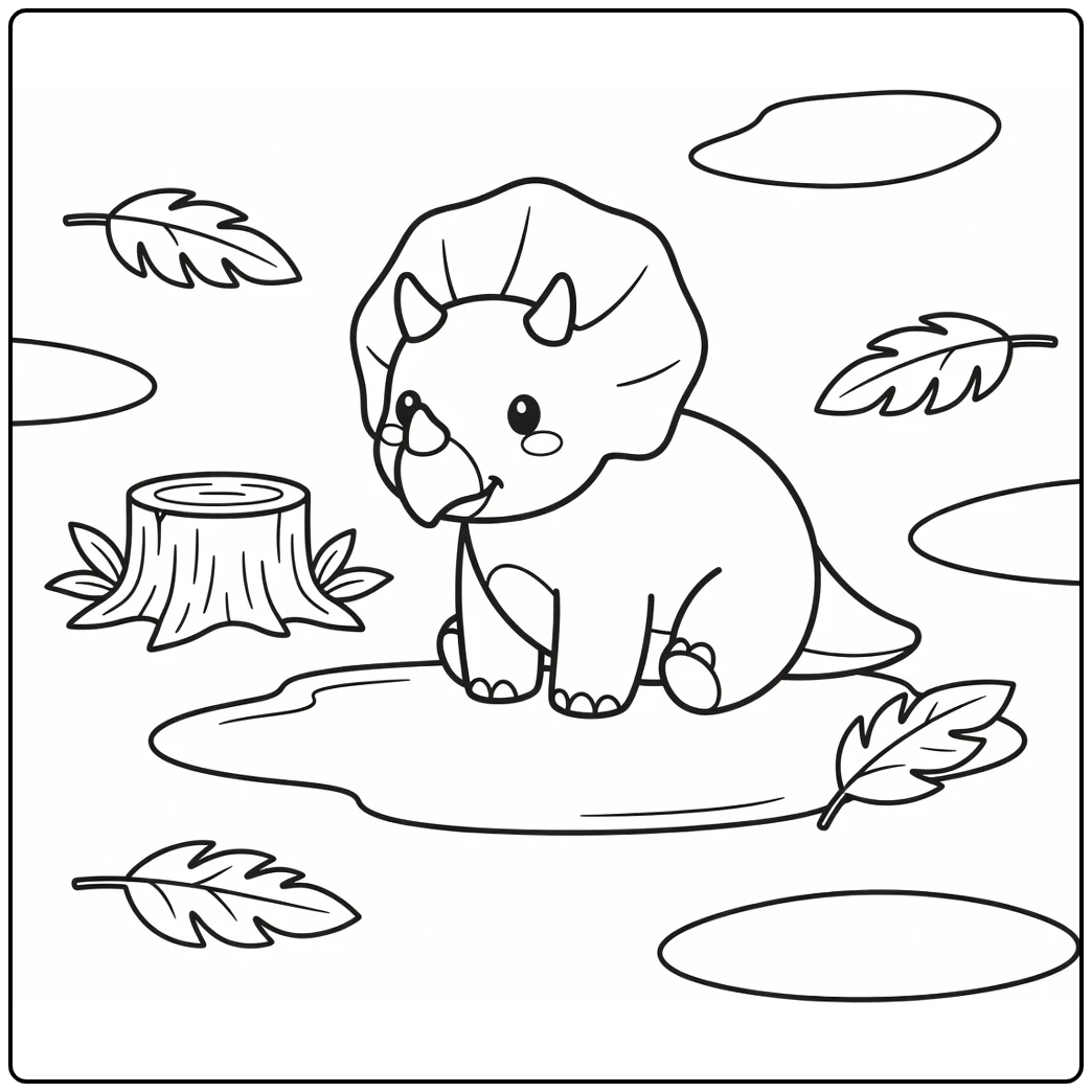 Simple triceratops coloring page with calm dino by puddle