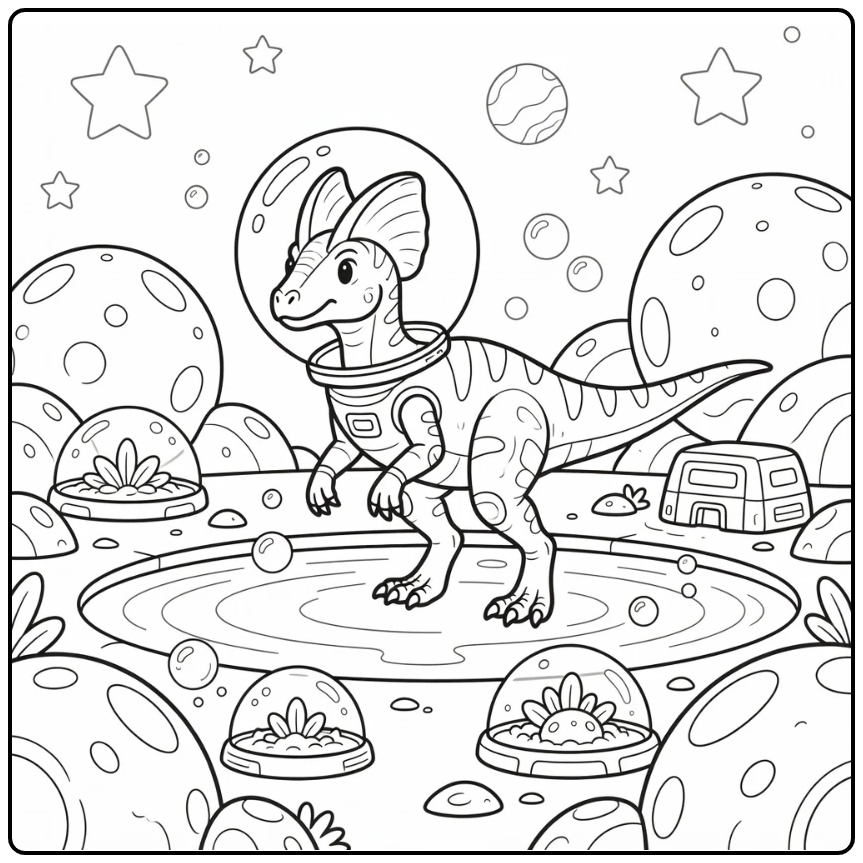 Space dinosaur coloring page Dilophosaurus astronaut exploration