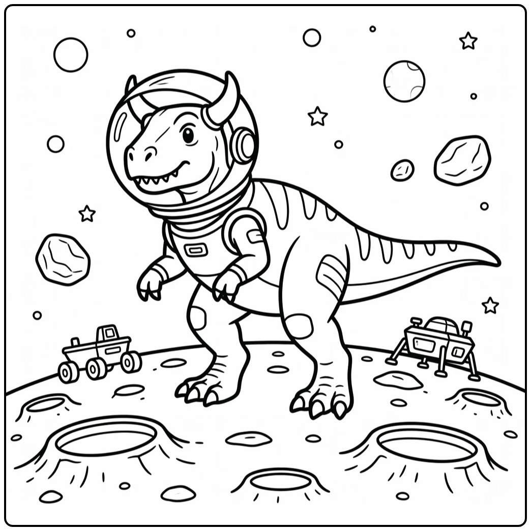 Space dinosaur coloring page of Carnotaurus astronaut on moon
