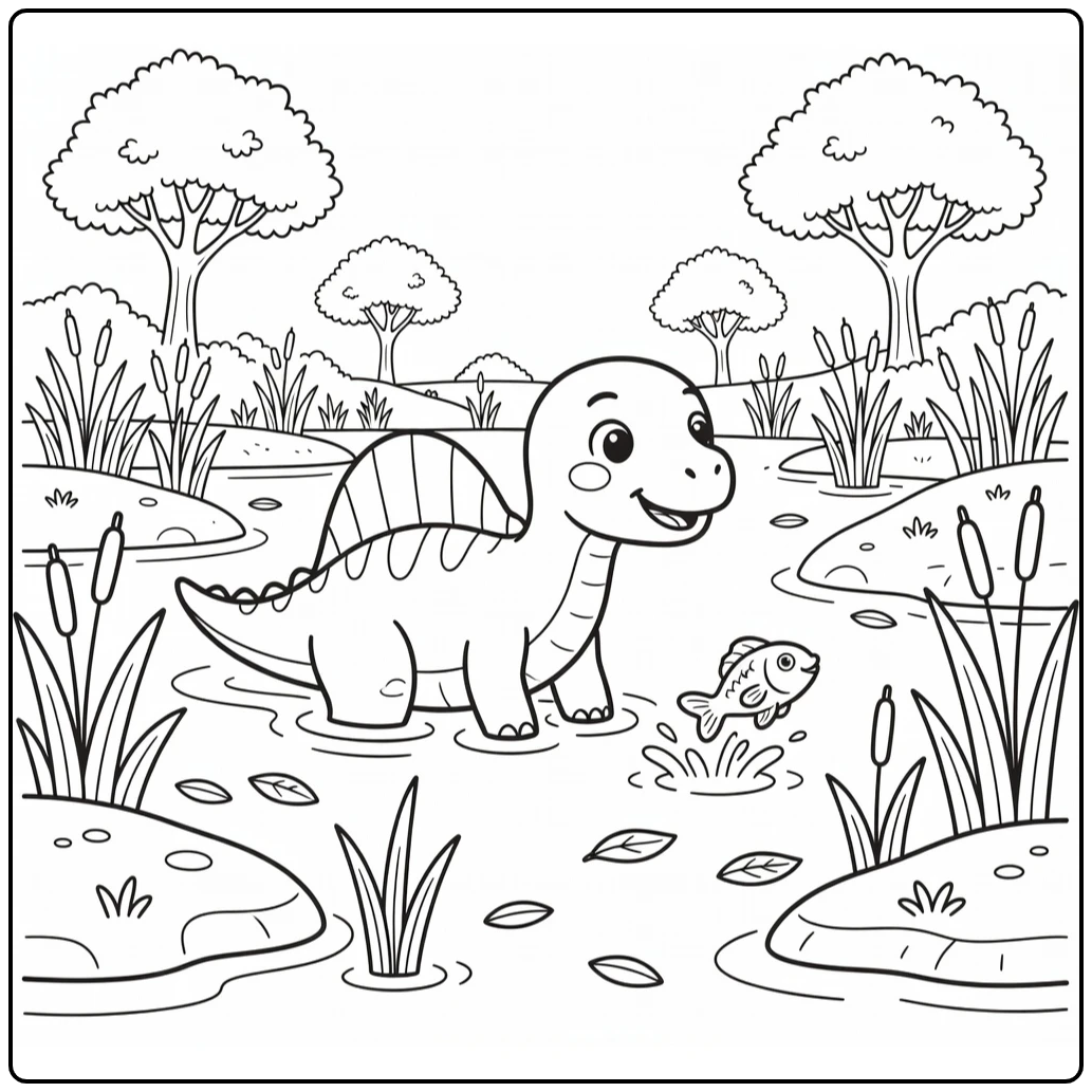 Spinosaurus cartoon dinosaur coloring page in marsh with fish