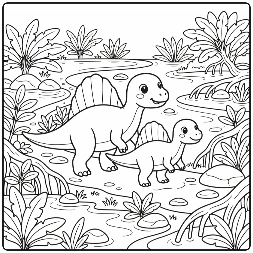 Spinosaurus coloring page with adult and juvenile in swamp