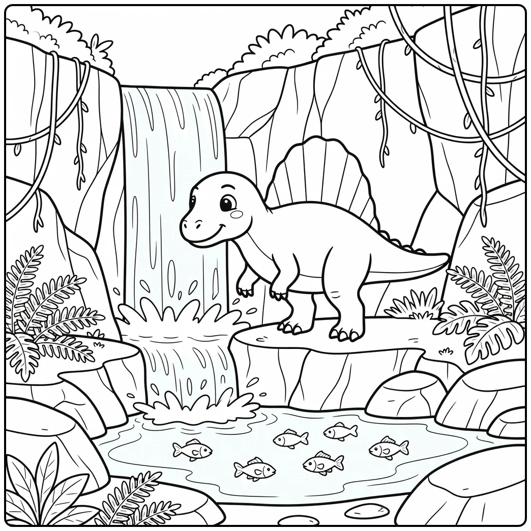 Spinosaurus coloring page dinosaur by waterfall with fish
