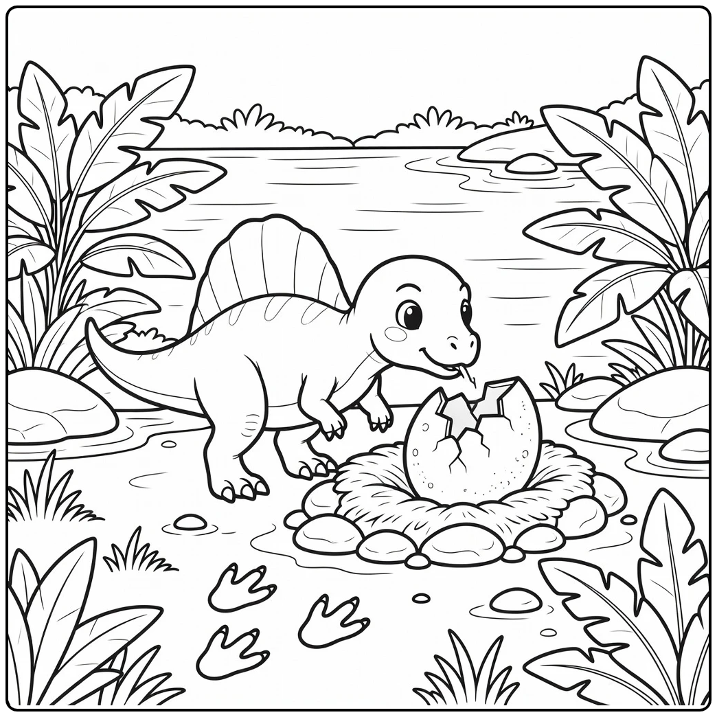 spinosaurus coloring page young dinosaur sniffing eggshell