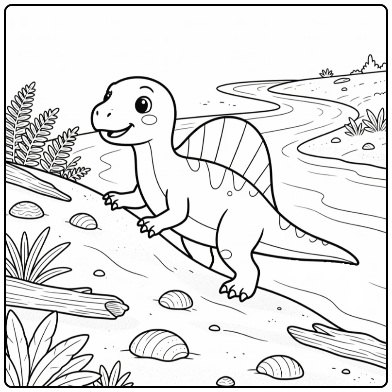 Spinosaurus coloring page of dinosaur on riverbank