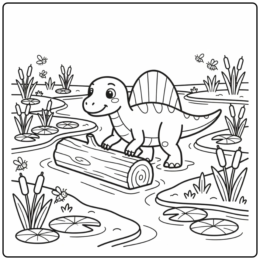 Spinosaurus coloring page with dinosaur nudging log in marsh