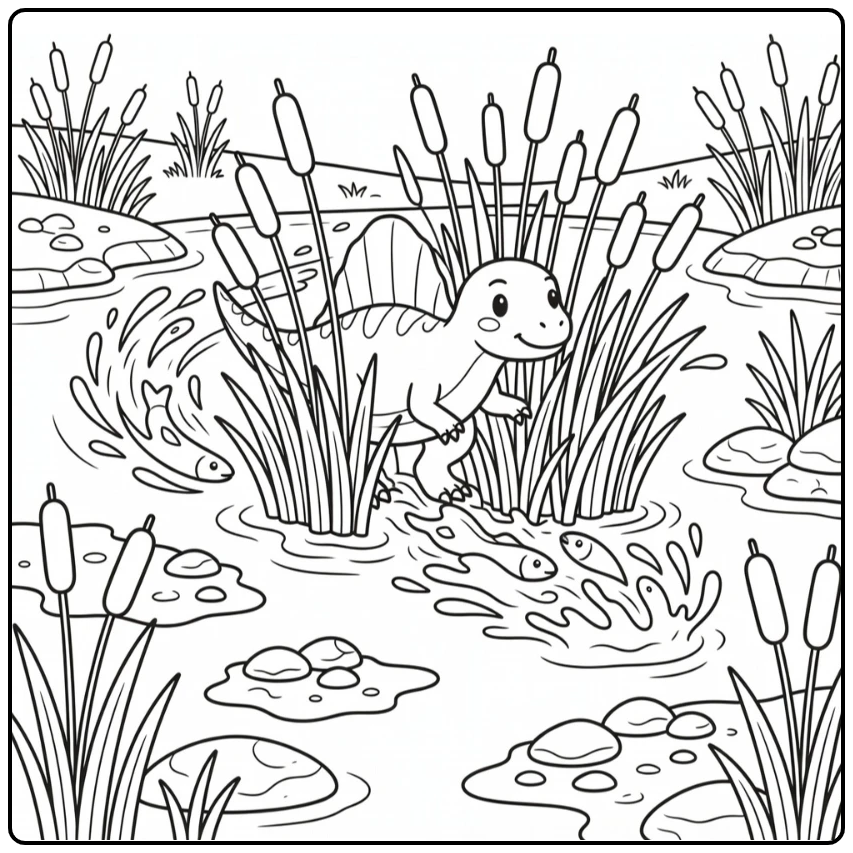 Spinosaurus coloring page pushing through river reeds after fish