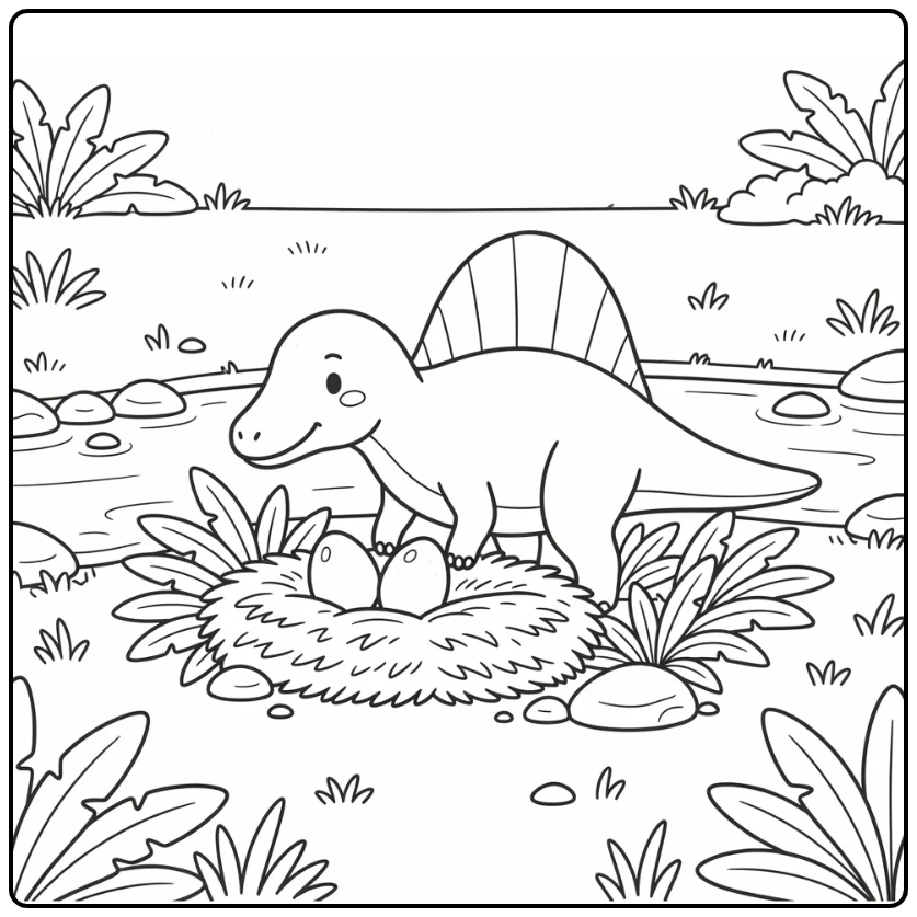 Spinosaurus coloring page with eggs in riverside nest