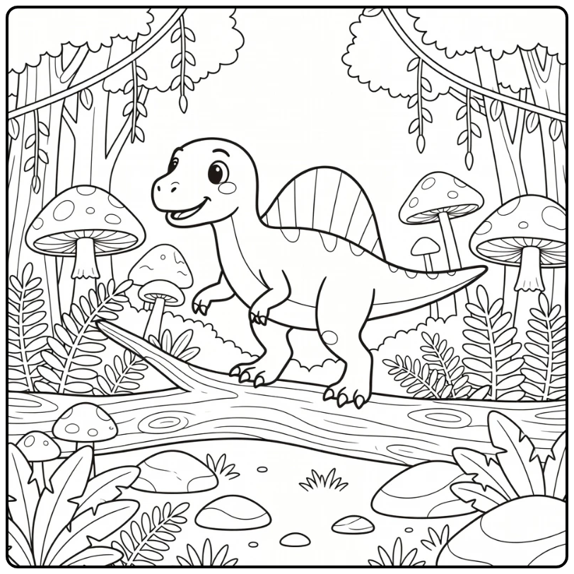 spinosaurus coloring page with dinosaur over tree and ferns
